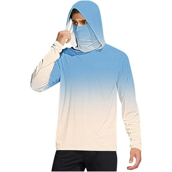 Brnmxoke Sun Protection Hoodies Men Gradient Fishing Shirts UPF 50+ Long Sleeve Hoodie with Face Mask UV Rash Guard Quick Dry Hiking Shirt Light Blue,XXL