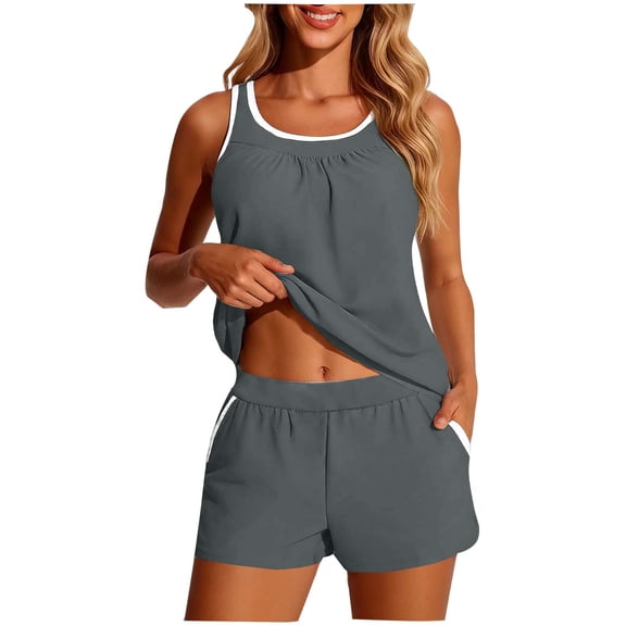 Brnmxoke Tankini Shorts Swimsuits for Women Tummy Control Modest 2026 Two Piece with Sporty Pockets Blouson Bathing Suits Gray,XL
