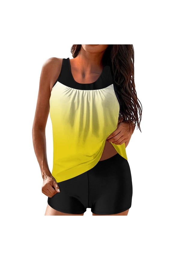 Tankini Swimsuits for Young Women Two Piece Bathing Suits Blouson Tank Top with Boyshorts Tummy Control Modest Swimwear Outfits Yellow,XL