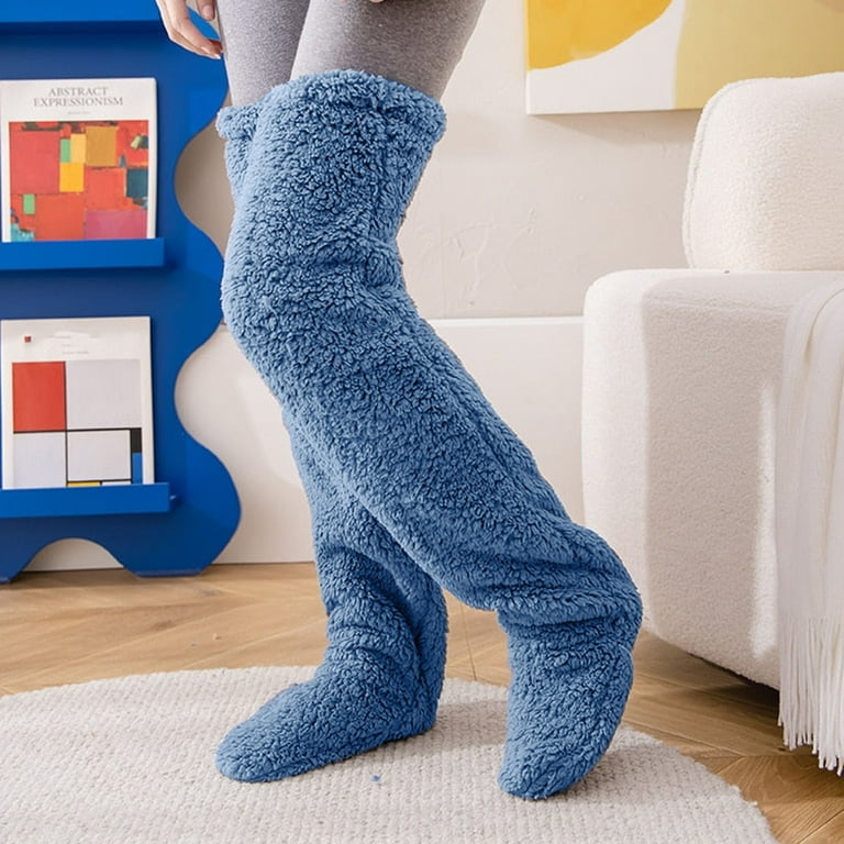 Brnmxoke Teddy Legs Socks Over Knee High Fuzzy Plush Slipper Stockings Furry Long Leg Warmers Winter Home Sleeping Socks Men s Size Free size Blue