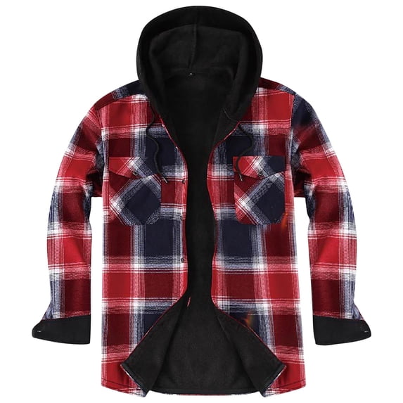 Brnmxoke Thick Flannel Jacket Men - Button Down Quilted Plaid Jackets with Hood Cotton Long Sleeve Shacket with Pockets Red,S