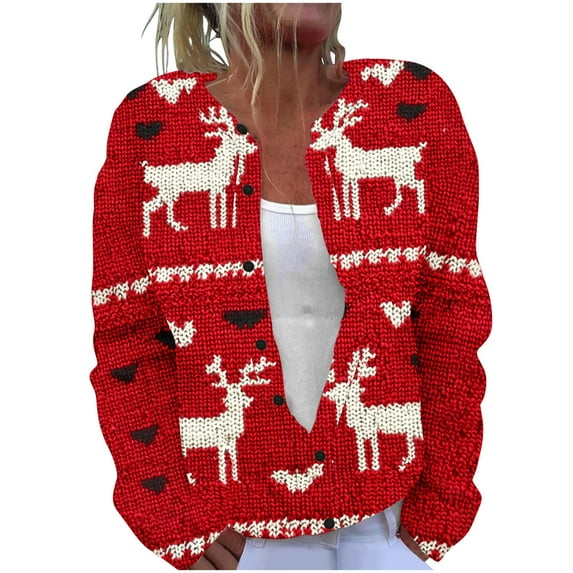 Brnmxoke Ugly Christmas Sweater Women Vintage Reindeer Xmas Plus Size Button Down Knitted Cardigans Open Front Crochet Fall Winter Long Sleeve Coat Red,S