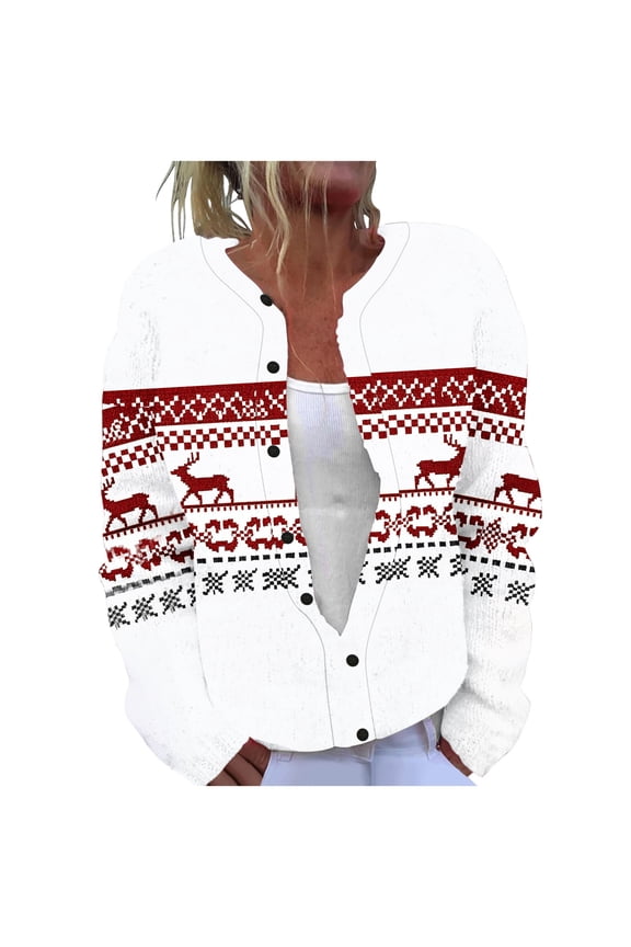 Ugly Christmas Sweater for Women Tunic Funny Cable Knit Button Down Xmas Cardigans Printed Open Front Long Sleeve Festive Sweaters White,S
