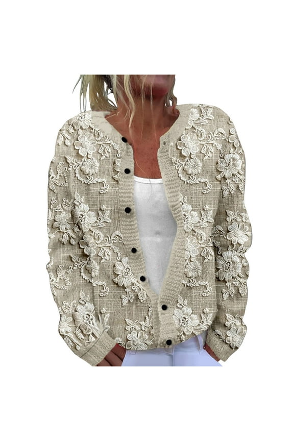 Vintage Floral Printed Fair Isle Sweater for Women Funny Graphic Open Front Button Down Cardigan Sweaters Plus Size Fall Winter Coat Beige,L