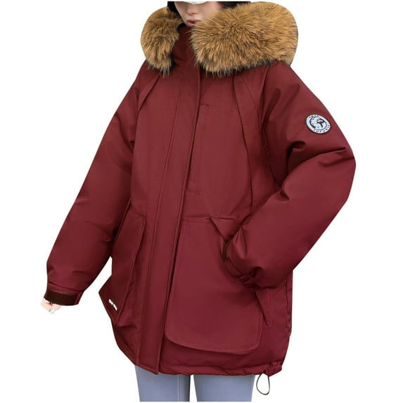 Brnmxoke Warm Puffer Coat Women Thicken Zipper Plus Size Waterproof Snow Jackets with Pockets Faux Fur Trim Hooded Long Sleeve Outwear Coats Red,M