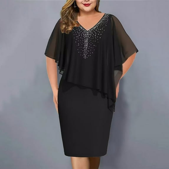 Brnmxoke Wedding Guest Dresses for Women Plus Size,Women Lace Plus Size Cocktail Dress,Women's Summer Short Sleeve V-Neck Chiffon Short Party Dress A-Line Flowy Midi Dresses
