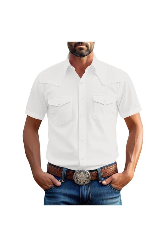 Western Cowboy Shirts for Men Pearl Snap Button Down Cotton Work T-Shirt with Two Pockets Short Sleeve Summer Shirts 2025 White,XXXXL