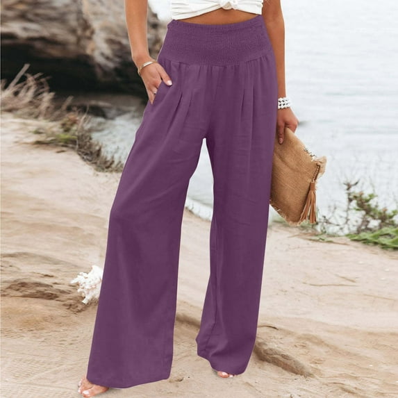 Brnmxoke Wide Leg Pants for Women High Wasited Linen Baggy Palazzo Pants Lightweight Casual Pull On Bell Bottom Smocked Elastic Waist Pants Loose Trousers with Pockets