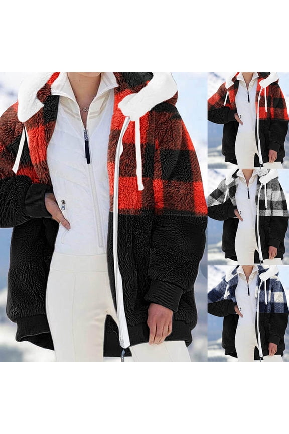 Winter Coats for Women 2024 Trendy Color Block Plaid Fleece Jacket Long Sleeve Faux Fur Coat Fuzzy Sherpa Jacket Long Coat with Hood