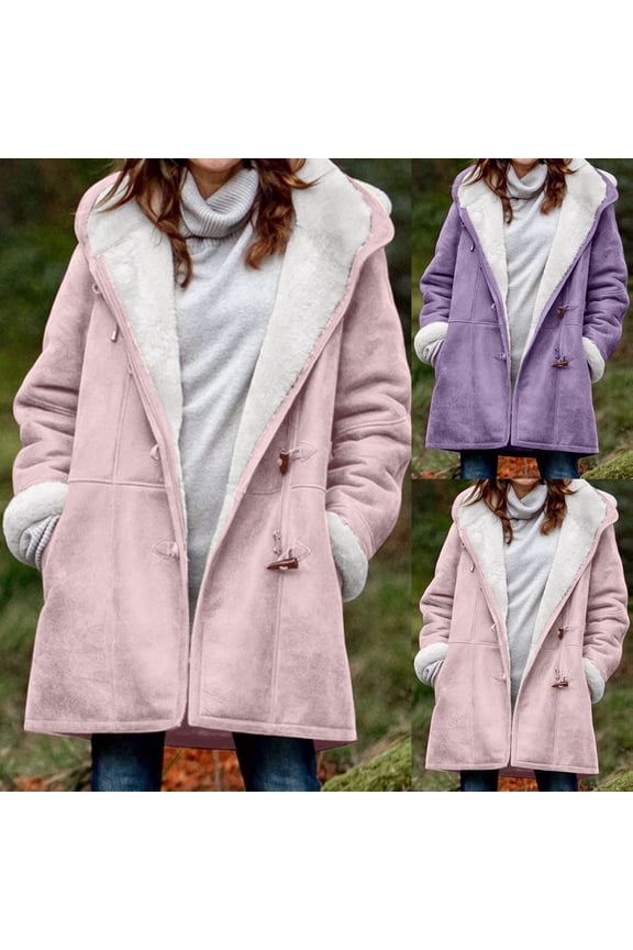 Winter Jackets for Women Sherpa Lined Jacket Women Duffle Toggle Coat Hooded Fleece Jacket Faux Suede Long Pea Coat Outerwear Purple,XXL
