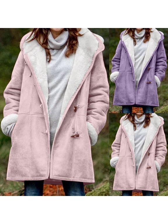 Winter Jackets for Women Sherpa Lined Jacket Women Duffle Toggle Coat Hooded Fleece Jacket Faux Suede Long Pea Coat Outerwear Pink,XXXXXL