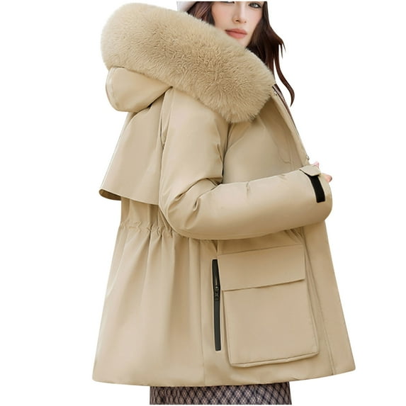 Brnmxoke Winter Puffer for Women Thicken Zip Up Waterproof Parka Jackets Faux Fur Trim Hooded Long Sleeve Outwear Coats with Pockets Khaki,M