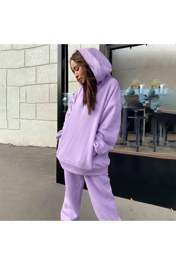 Women 2 Piece Outfits Hoodies Sweatshirt Tracksuit Solid Color Long Sleeve Crewneck Tops and Oversized Jogger Sweatpants Sweat Suit 2024