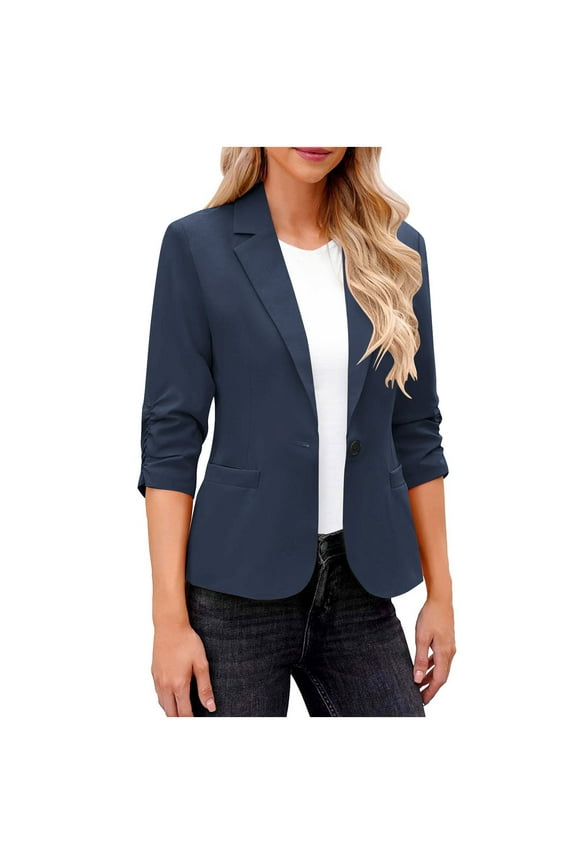 Women Blazer Trendy Ruched 3/4 Sleeve Blazers Business Casual Suit Jacket Elegant Slim Fit Work Office Blazer with Padded Shoulder Dark Blue,XL