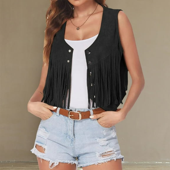 Brnmxoke Women Cowgirl Tassel Sleeveless Vest,Womens Tassel Vest 70s Hippie Faux Suede Irregular Hem Fringe Jacket,Tassel Vest for Women Cowgirl S-XXXL