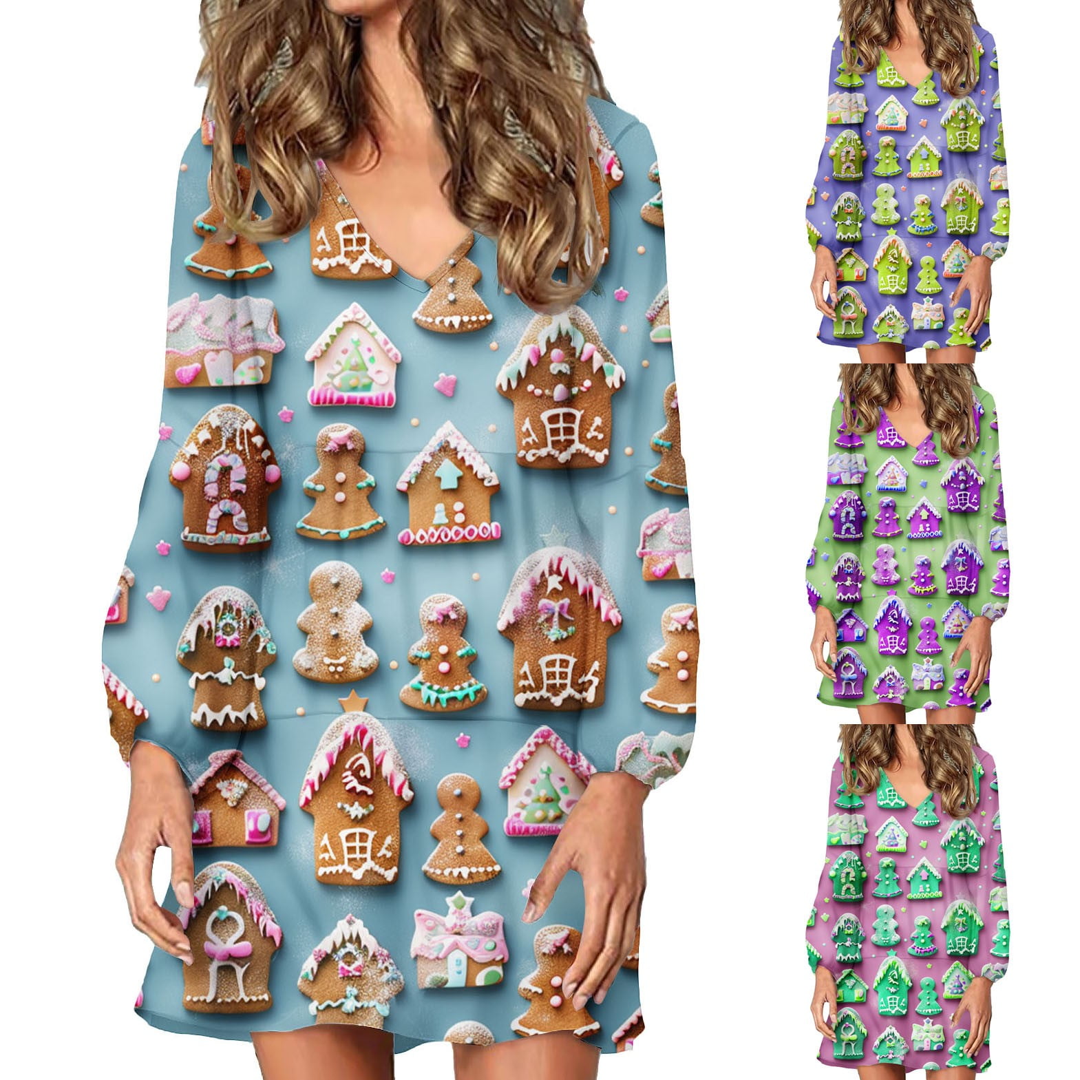 Brnmxoke Women Dress Shirt Christmas Long Sleeve Tops 3D Xmas Santa Hat ...