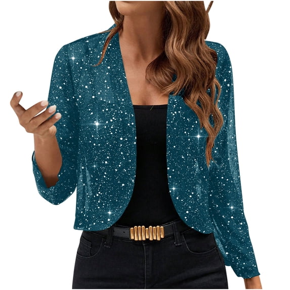 Brnmxoke Women Fashion Jackets Plus Size Sequin Open Front Glitter Cropped Blazer Coat Sparkly Long Sleeve Shiny Party Cardigans 2025 Blue,M