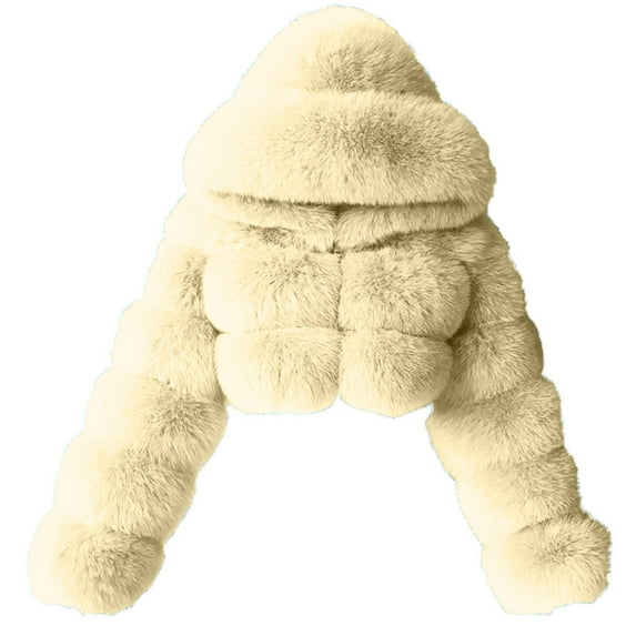 Brnmxoke Women Fluffy Faux Fur Coat Cropped Jackets Luxury Wedding Party Hooded Puffer Jacket Zip Up Winter Warm Fuzzy Teddy Jacket Overcoat Beige,XXL