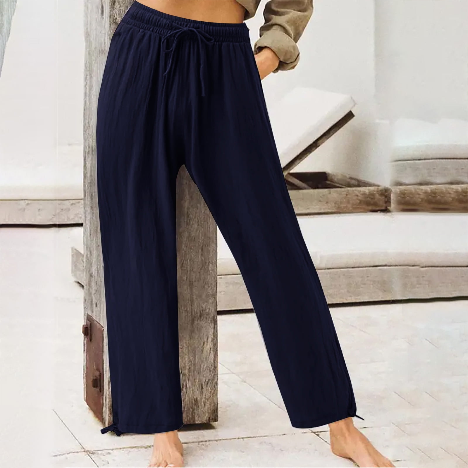 Brnmxoke Women Linen Palazzo Pants Summer Boho Wide Leg High Waist