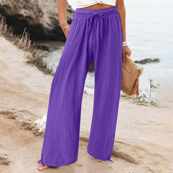 Brnmxoke Women Linen Palazzo Pants Summer Boho Wide Leg High Waist Casual Lounge Pant Trousers with Pockets