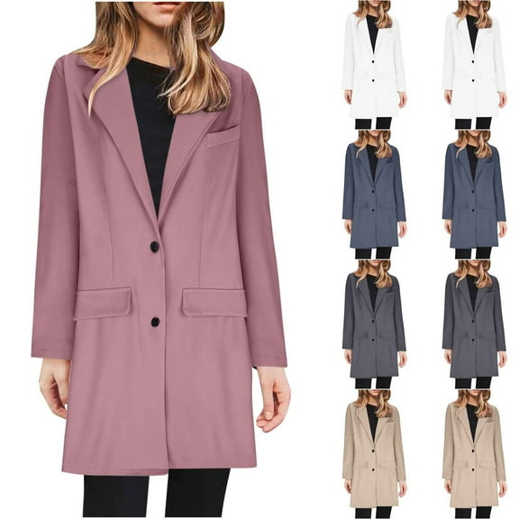 Brnmxoke Women Long Business Attire Blazer Jackets Solid Color Plain Cardigan Suit Windbreaker Trench Coat Fall Winter Tops