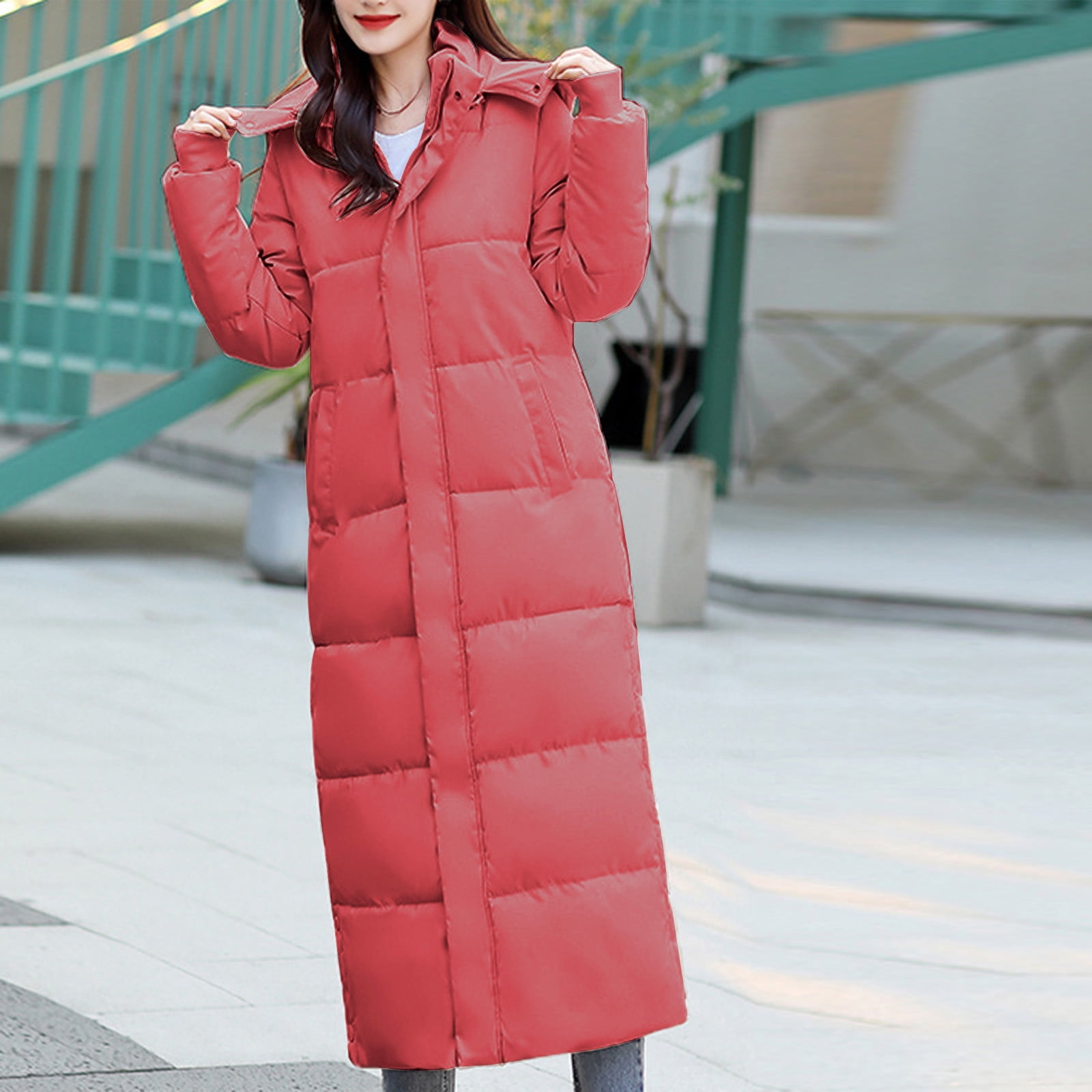Brnmxoke Women Long Quilted Coat Hooded Maxi Length Long Sleeve Puffer Jacket Plus Size Bubble Padded Coat Warm Winter Outerwear