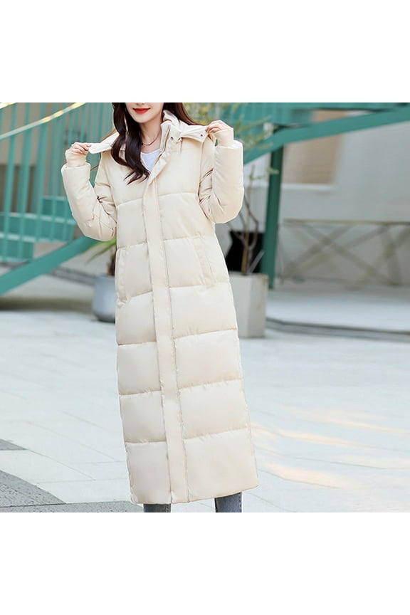 Women Long Quilted Coat Hooded Maxi Length Long Sleeve Puffer Jacket Plus Size Bubble Padded Coat Warm Winter Outerwear