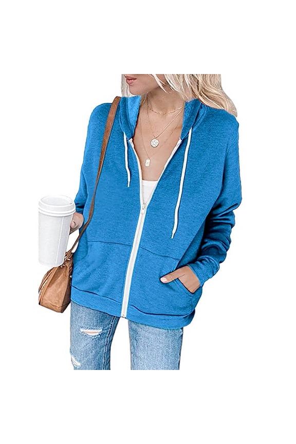 Women Long Sleeve Zip-Up Hoodies Jacket Solid Color Sweatshirt Coat with Kangaroo Pockets