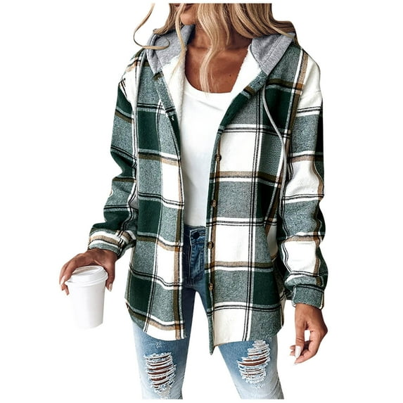 Brnmxoke Women Plaid Hoodie Jacket Fleece Fuzzy Lightweight Casual Shacket Jackets 2025 Long Sleeve Winter Warm Coat Green,XL