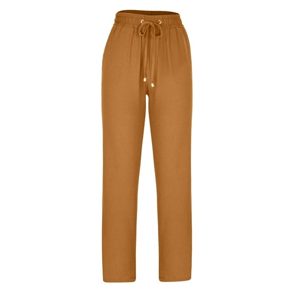 Brnmxoke Women'S Linen Pants Straight Leg Casual High Waist Pants Drawstring Loose Fit Summer Pants Lounge Trousers with Side Pockets 2025 Yellow,S