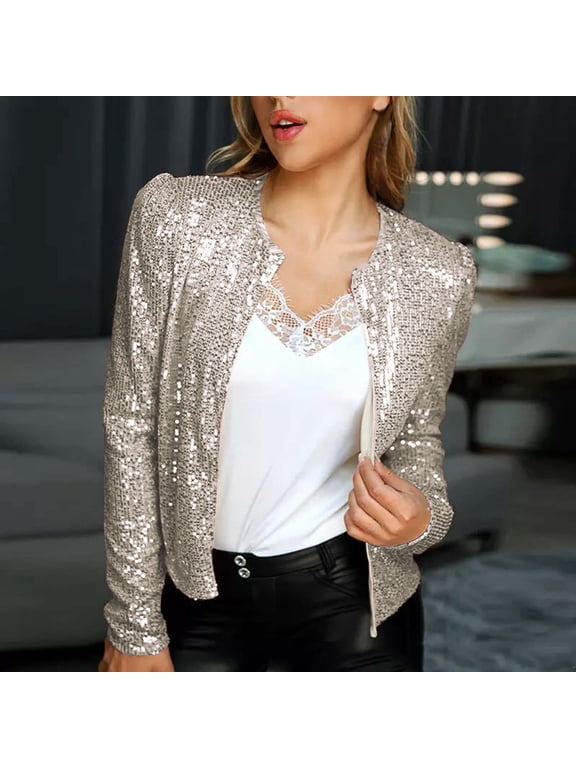 Women Sequins Blazer Sequin Jacket Casual Long Sleeve Glitter Party Shiny Open Front Coat Cropped Jacket for Women