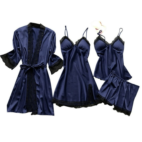Brnmxoke Women' Silk Satin Pajamas Set 4pcs Lingerie Solid Color Lace Cami Bathrobe Sleepwear with Robe Plus Size Soft Cozy Exotic Apparel Nightwear Loungewear