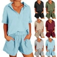 thumbnail image 1 of Brnmxoke Women's 2 Piece Outfits Short Sleeve Shirts and Shorts Linen Set Women Casual Lounge Set with Pockets Summer Beach Sweatsuits Loungewear Army Green,L, 1 of 8
