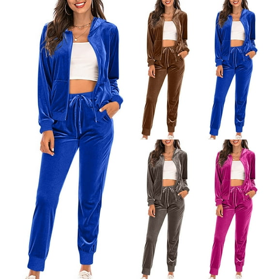 Brnmxoke Women's 2 Piece Outfits Sweatsuit Full Zipper Long Sleeve Hooded Jacket and Pants Gold Velvet Jogger Set Tracksuit Blue,L