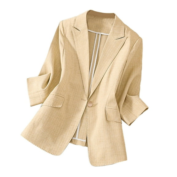 Brnmxoke Women's 2025 Fall Casual Blazers Long Sleeve Blazer Lightweight Fully-Lined Lapel Button Work Jacket Pockets Khaki,XL