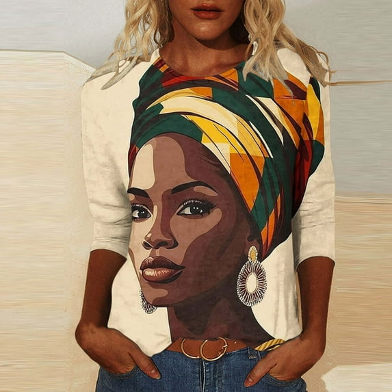 Brnmxoke Women's 2025 Fashion Tops 3/4 Sleeve T-Shirts Vintage Crewneck Black History Afro American Basic Business Tees Loose Blouses Multicolor,XXXL