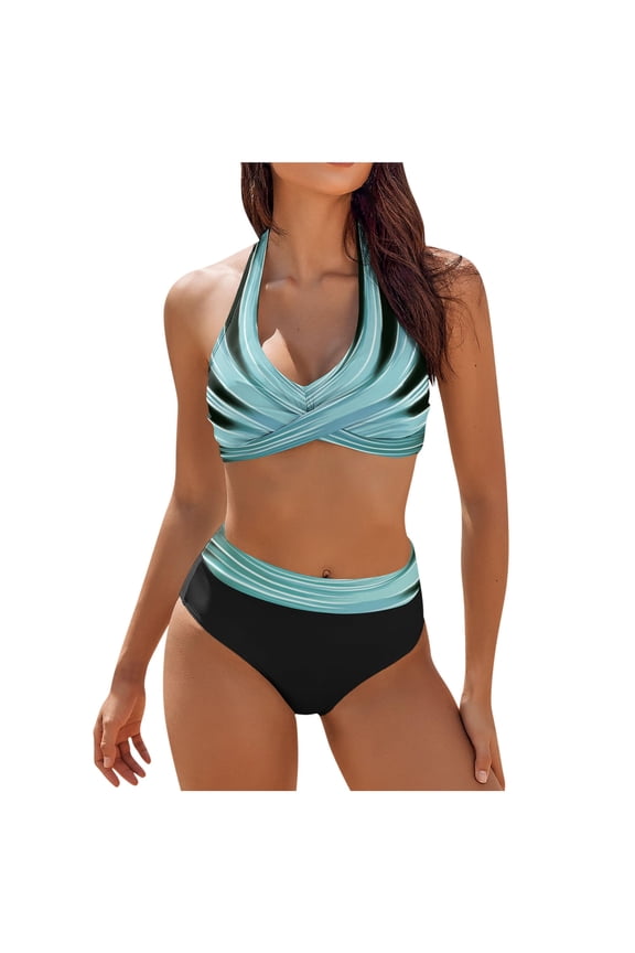 Women's Bikini Sets Halter Push Up Tropical Leaf Print High Waisted Two Pieces Swimsuits Quick Dry Bathing Suits for Summer