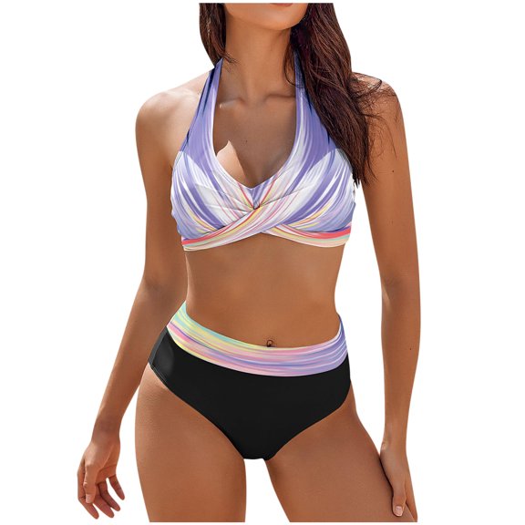 Brnmxoke Women's Bikini Sets Two Piece Swimsuit Color Block Front Cross Swimsuit Summer Retro Halter Ruched High Waist Bikini with Bottom Bathing Suit