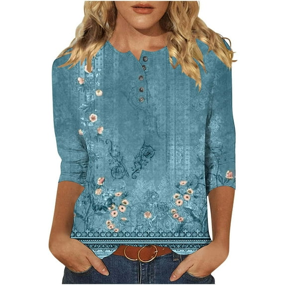 Brnmxoke Women's Boho 3/4 Sleeve Floral T-Shirts Vintage Button V Neck Tops Dressy Casual Tunic Top Loose Fit Business Work Tees Blue,L