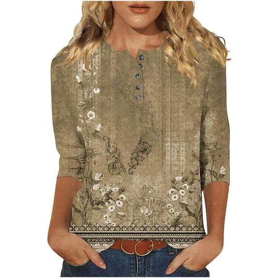 Brnmxoke Women's Boho 3/4 Sleeve Floral T-Shirts Vintage Button V Neck Tops Dressy Casual Tunic Top Loose Fit Business Work Tees Khaki,XL