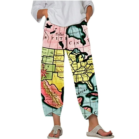Brnmxoke Women's Capri Pants,Capri Pants for Women Casual 2024 Summer Drawstring Elastic High Waist Linen Pants Cropped Wide Leg Plus Size Lounge Capris Multicolor,L
