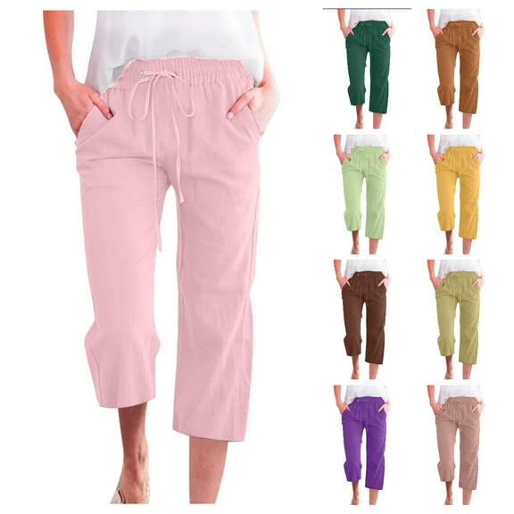 Brnmxoke Women's Capri Pants, Capri Pants for Women Casual 2025 Summer Solid Drawstring Elastic High Waist Linen Pant Straight Wide Leg Cropped Trousers Light Blue,XXL