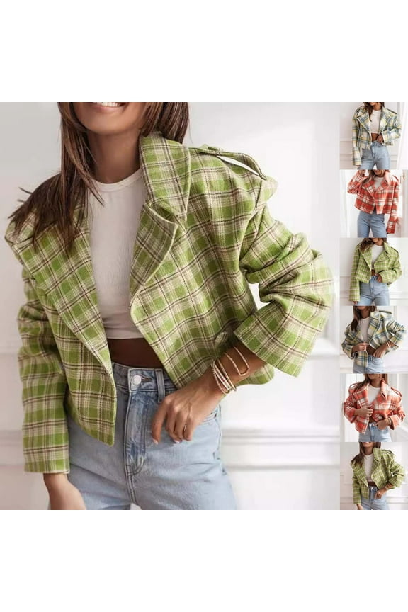 Women's Casual Plaid Tweed Blazers Open Front Jackets Lapel Long Sleeve Work Business Cardigan Jackets Blazer Suit Coat