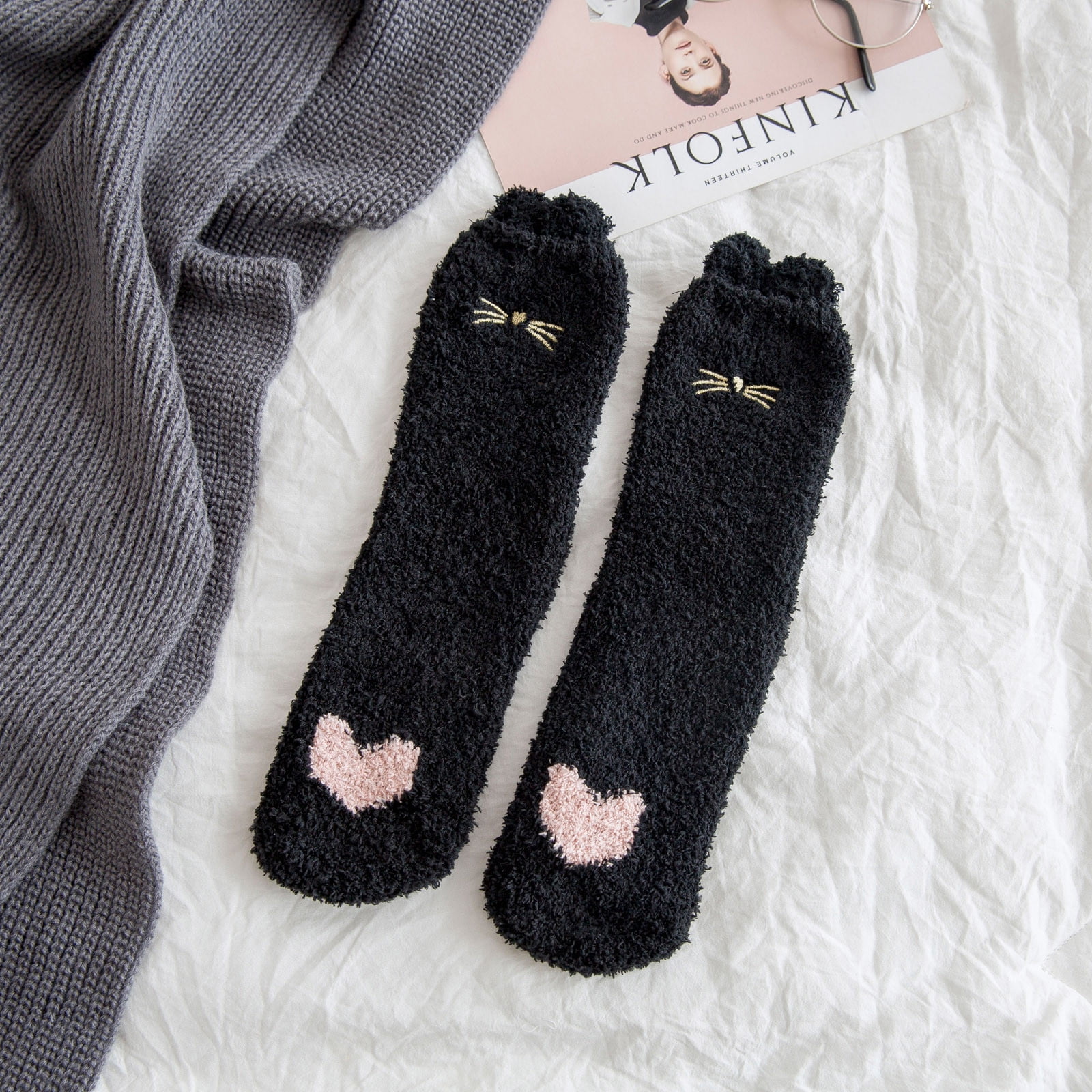 Brnmxoke Women's Cat Socks Paw Fuzzy Socks Coral Fleece Sleeping Winter ...