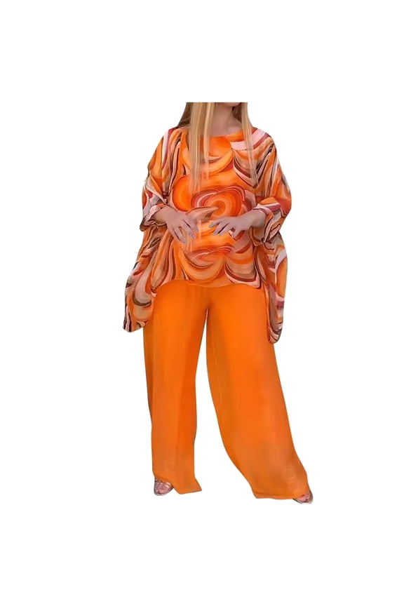 Women's Chiffon 2 Pcs Mother of the Bride Pant Suits Floral Print Asymmetrical Hem Tops and Solid Wide Leg Pants Beach Wedding Guest Party Prom Two Piece Outfits