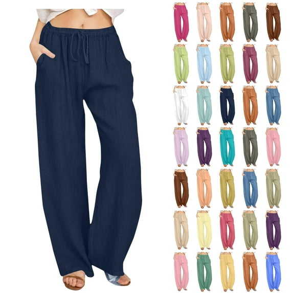 Brnmxoke Women's Cotton Linen Summer Palazzo Pants Elastic Waist Wide Leg Beach Trousers Casual Loose Going Out Lounge Pants with Side Pockets Blue,XL