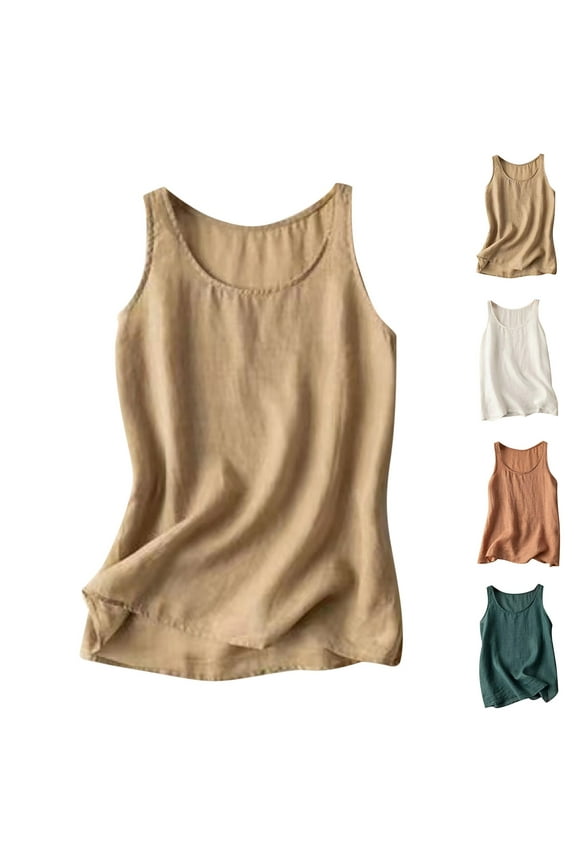 Women's Cotton Linen Tank Tops Crew Neck Sleeveless Summer Shirts Solid Color Loose Casual Basic Tank Shirt Work Tops Blouses Khaki,XL