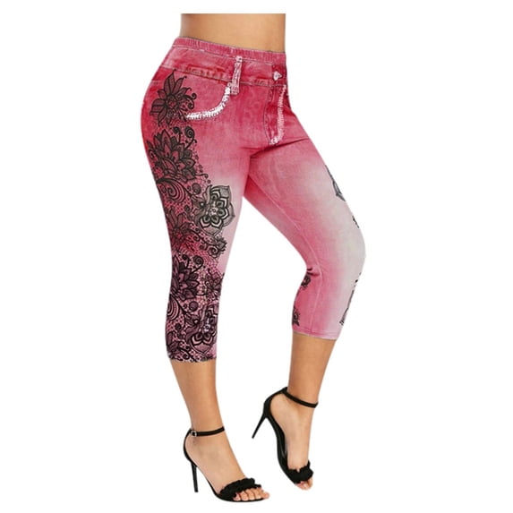 Brnmxoke Women's Fake Denim Capris Lace Hem Floral Cropped Jeans Skinny Capri Leggings Plus Size Stretch Tights Short Pants 2025 Red,XXL