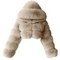thumbnail image 1 of Brnmxoke Women's Faux Fur Coat Shearling Fluffy Fuzzy Shaggy Hooded Cropped Jacket Plus Size Zip Up Sherpa Fleece Jacket Short Warm Outwear Beige,L, 1 of 5