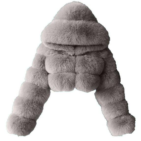 Brnmxoke Women's Faux Fur Coat Shearling Fluffy Fuzzy Shaggy Hooded Cropped Jacket Plus Size Zip Up Sherpa Fleece Jacket Short Warm Outwear Gray,XL